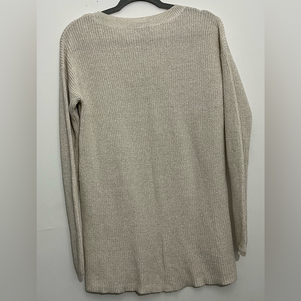 ANA Ivory Beige Gold Metallic Thread Lace-Up Knit Sweater PM Cozy Chic - Picture 5 of 8